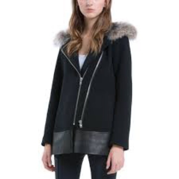 SANDRO Manoli Fur Trim Wool Leather Coat - Picture 2 of 10